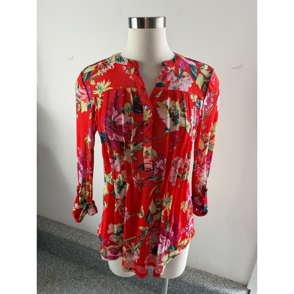 Cocomo Womens Small Red Floral Mesh V Neck 3/4 Sleeve Top Stretch Blouse